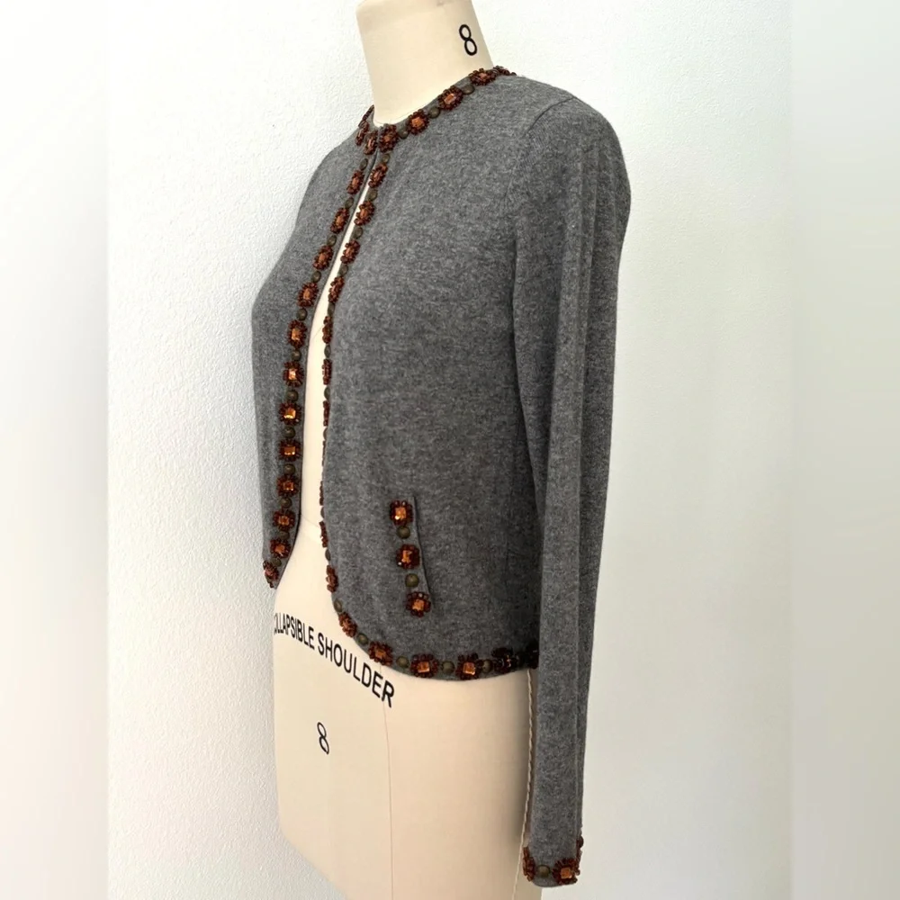 Anthropologie - One Girl Who… Embellished Cardigan NWT Gray Cotton Cashmere M